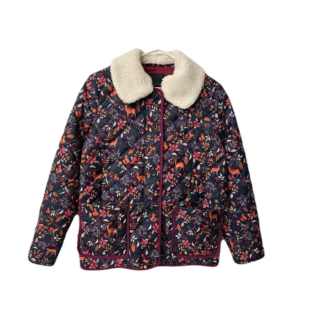 Talbots Womens Size XS Navy Ditsy Woodland Animal Print Quilted Bomber Jacket